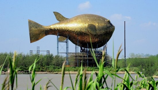 昨天，揚(yáng)中市西沙島，正在施工的河豚塔金光閃閃