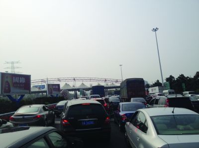 收費站前長長排隊的車輛。陳郁