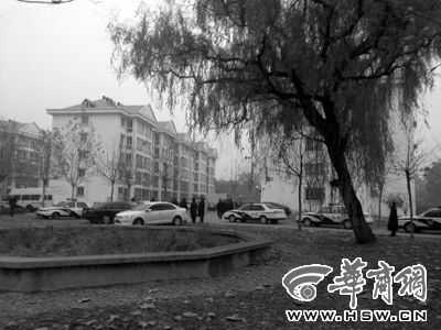 案件發(fā)生于柳樹后的第100號(hào)宿舍樓東單元3樓 記者 王輝/攝 案件發(fā)生于柳樹后的第100號(hào)宿舍樓東單元3樓 記者 王輝/攝